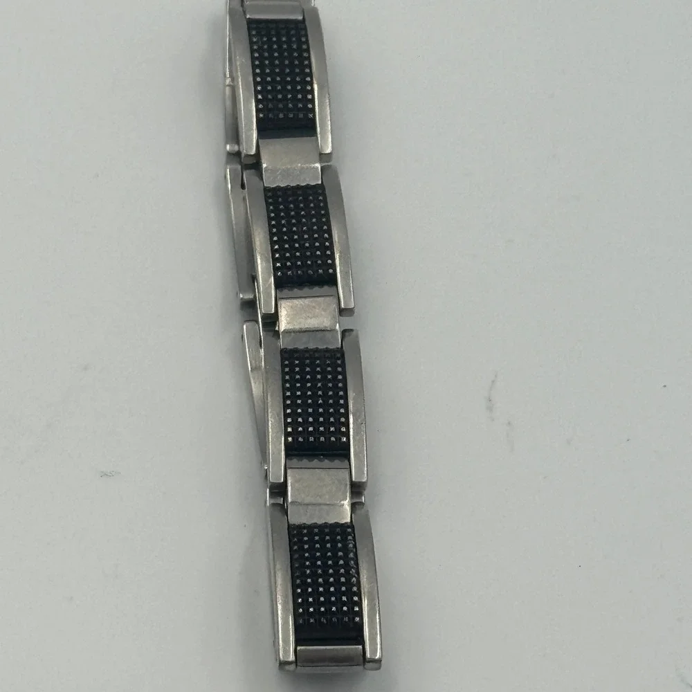 Mens Stainless Steel Link Bracelet‎ Silver Black Carbon Fiber Inlay Industrial
